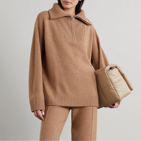 Lisa Yang cashmere Bethany half zip sweater in walnut - Picture 1 of 7